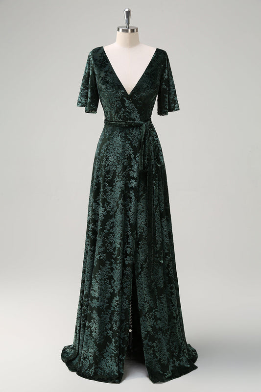 Robe de demoiselle d'honneur longue vert foncé, trapèze, col en V, velours dévoré fleuri