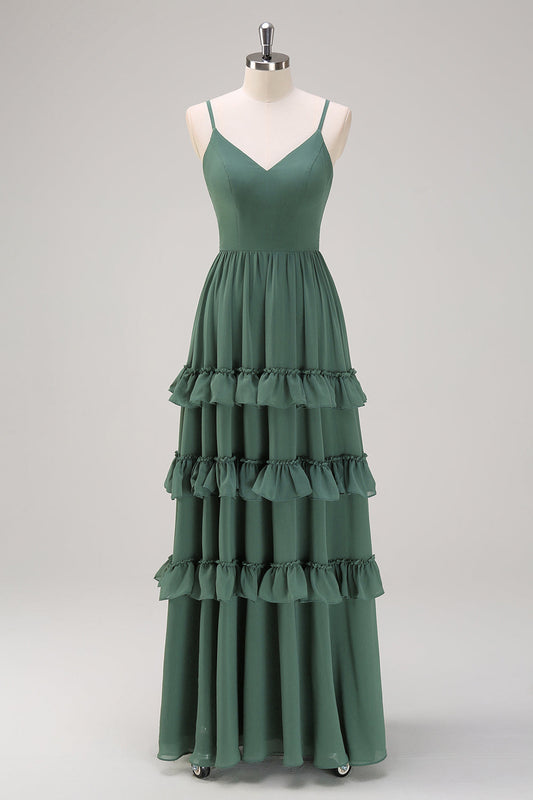 Robe longue de demoiselle d'honneur en mousseline Eucalyptus coupe évasée à bretelles spaghetti et niveaux