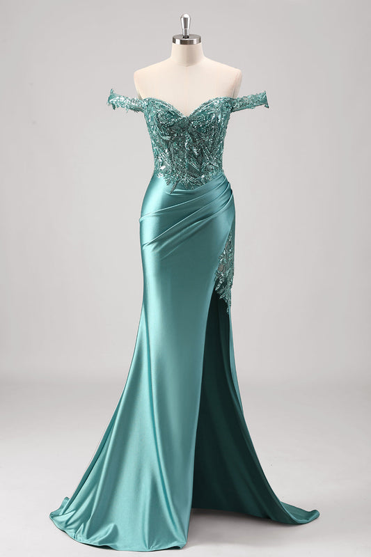 Robe de bal sirène à paillettes métalliques épaules dénudées gris-vert scintillant avec fente