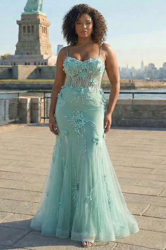 Robe de soirée longue sirène verte à corset 3D, fleurs et lacets au dos, grande taille