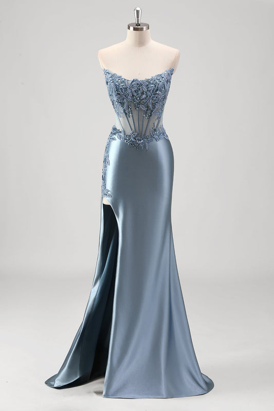 Robe de bal bustier sirène fendue métallique gris-bleu pailleté perlé
