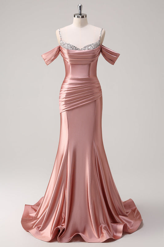 Robe de bal longue en tulle à bretelles spaghetti, perles et paillettes, coupe sirène