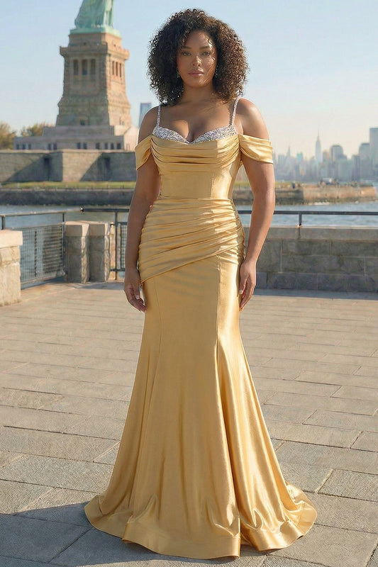 Robe de bal longue en satin grande taille sirène à paillettes dorées scintillantes et épaules dénudées