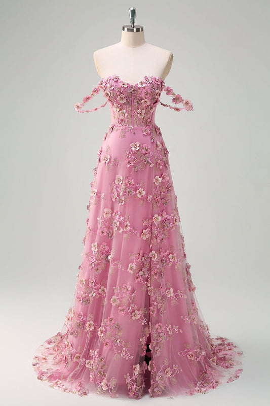 Robe de bal longue fendue corset à épaules dénudées Taro A-Line avec fleurs 3D
