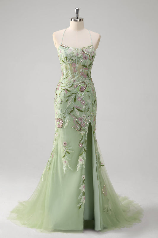 Robe de bal longue sirène verte à corset bustier brodé avec fente