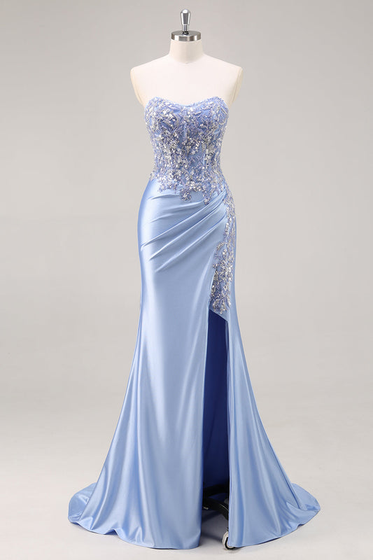 Blue Mermaid Strapless Sequin Long Prom Dress with Beading