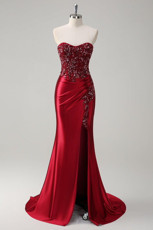 Robe de bal longue sirène bordeaux bustier à paillettes et perles