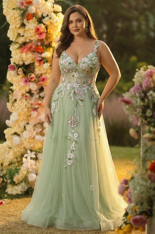 Robe de bal longue en tulle grande taille appliquée ligne A verte avec corset et fente
