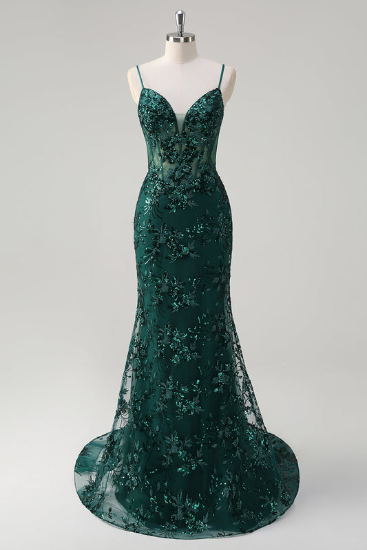Robe de bal longue en tulle brodé de sequins, bustier à fines bretelles, coupe sirène, vert foncé scintillant