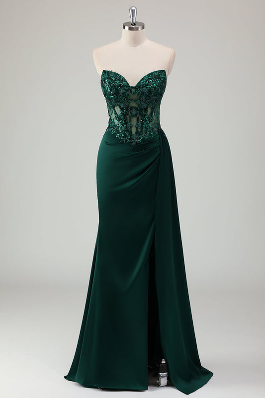 Robe de soirée longue sirène vert foncé scintillant avec bustier cœur et fente