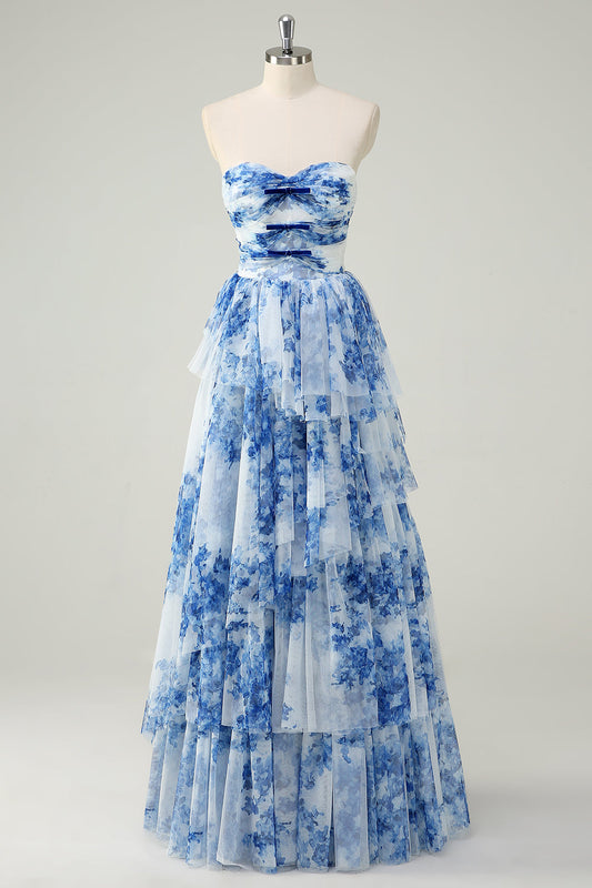 Robe de Bal Droite sans Bretelles à Volants Bleue et Blanche à Fleurs