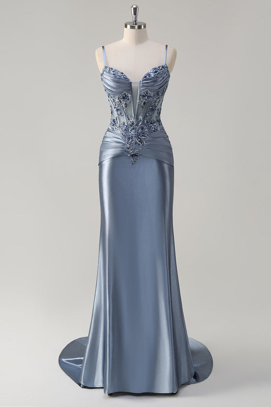 Robe de bal sirène longue gris bleuâtre pailletée à fines bretelles, corset, appliqués et traîne
