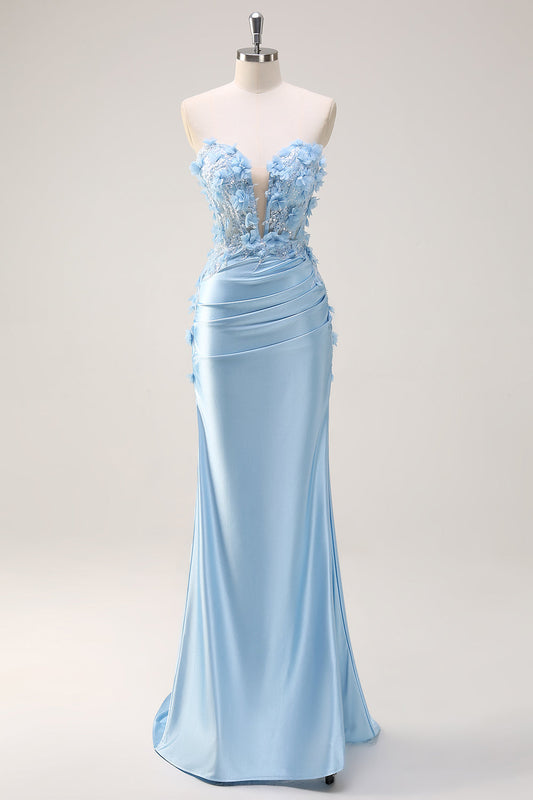 Robe de bal bustier sirène bleu ciel à paillettes avec appliqués