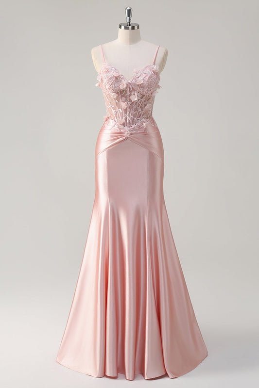 Robe de bal longue en satin avec corsage à fines bretelles, fleurs et queue de sirène rose pailleté