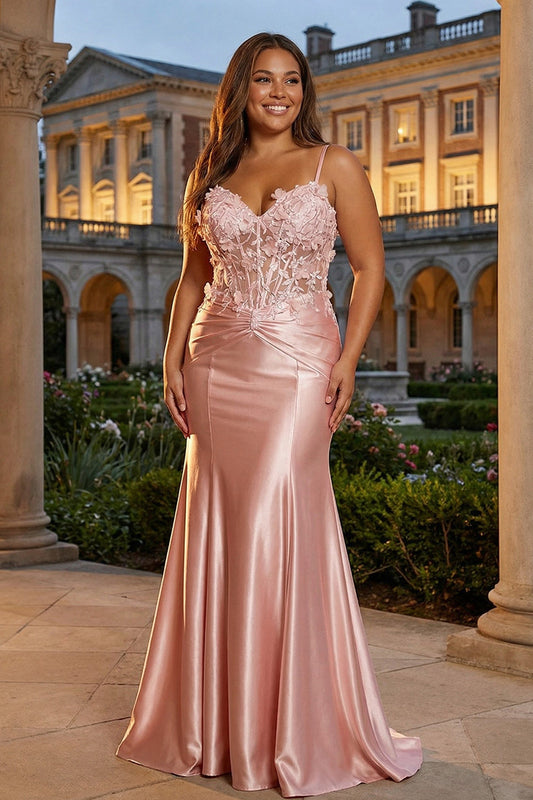 Pink Mermaid Sheer Boned Corset Spaghetti Straps Corset Satin Long Plus Size Prom Dress