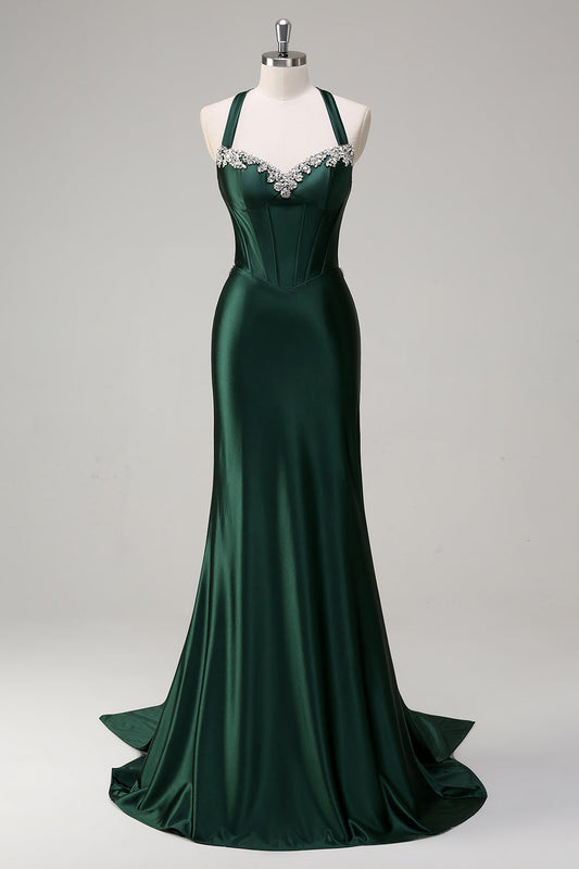Robe de bal sirène à paillettes vert foncé scintillant avec corset licou