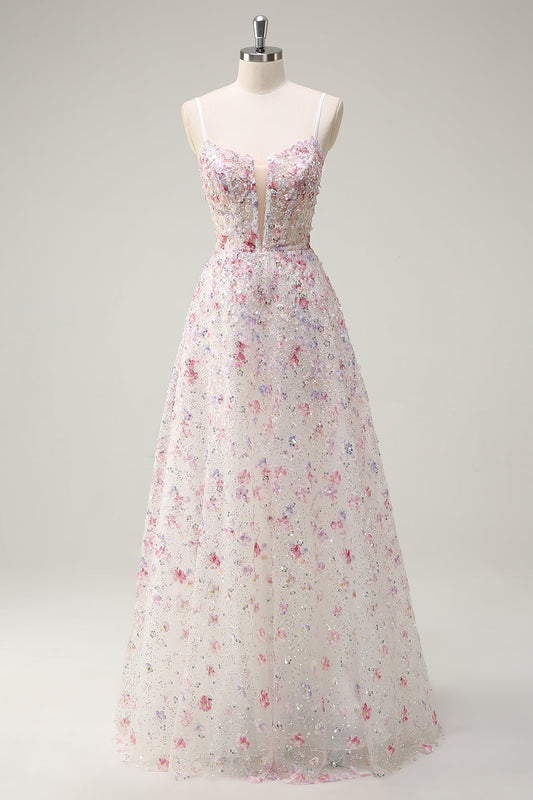 Robe de bal rose à bretelles spaghetti ligne A, ornée de perles florales