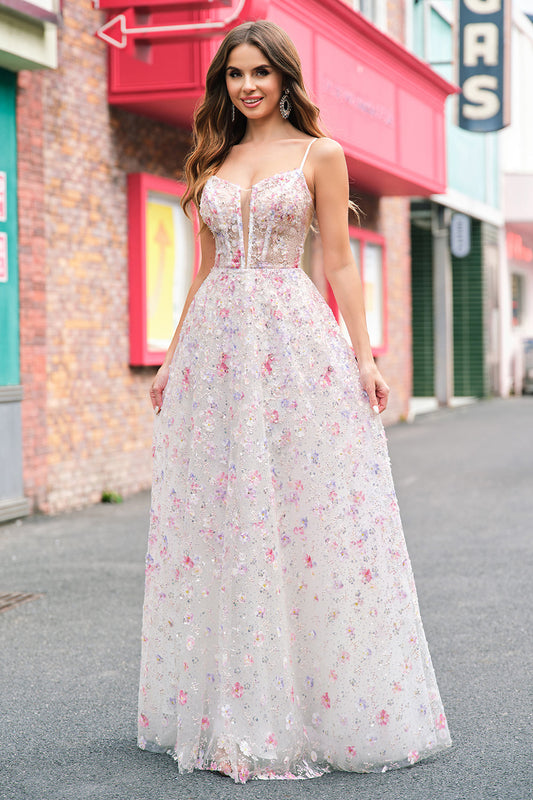 Robe de bal élégante rose à ligne A avec bretelles spaghetti et perles florales, dos lacé
