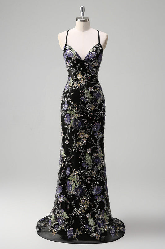 Robe de bal sirène noire à fines bretelles avec paillettes et appliqués