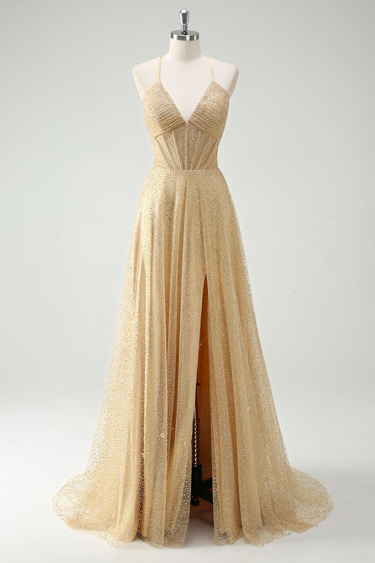 A-Line Gold Sequin Spaghetti Straps Prom Dress With Slit