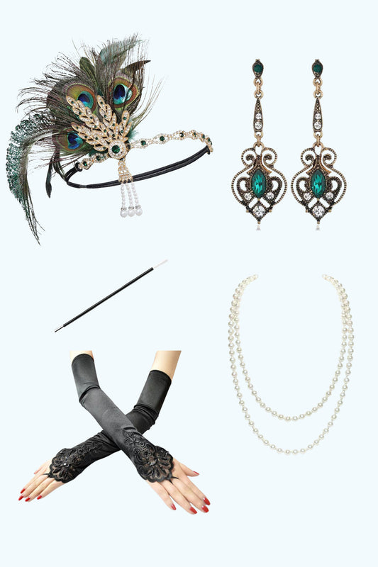 Ensemble d'accessoires de Flapper années 20 vert, cinq pièces