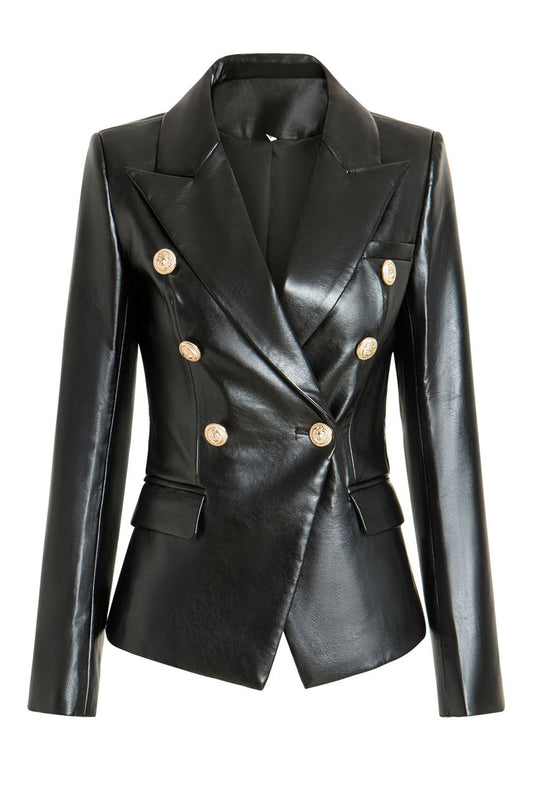 Black Peak Lapel Faux Leather Women's Blazer