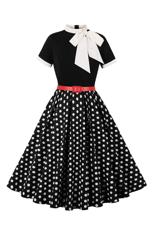 A-Line Black Polka Dot Short Sleeve 1950s Dress with Belt