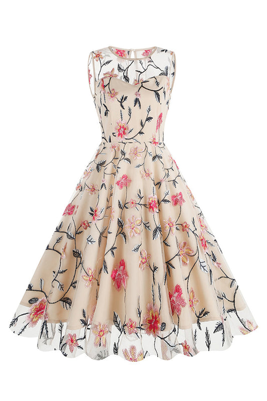 Robe Vintage Midi Sans Manches Brodé Floral Élégante Abricot