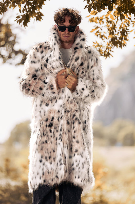 Manteau long blanc à manches longues en fausse fourrure imprimé léopard pour homme