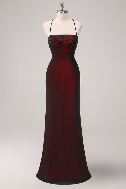 Robe de demoiselle d'honneur sirène noire et rouge à fines bretelles et perles