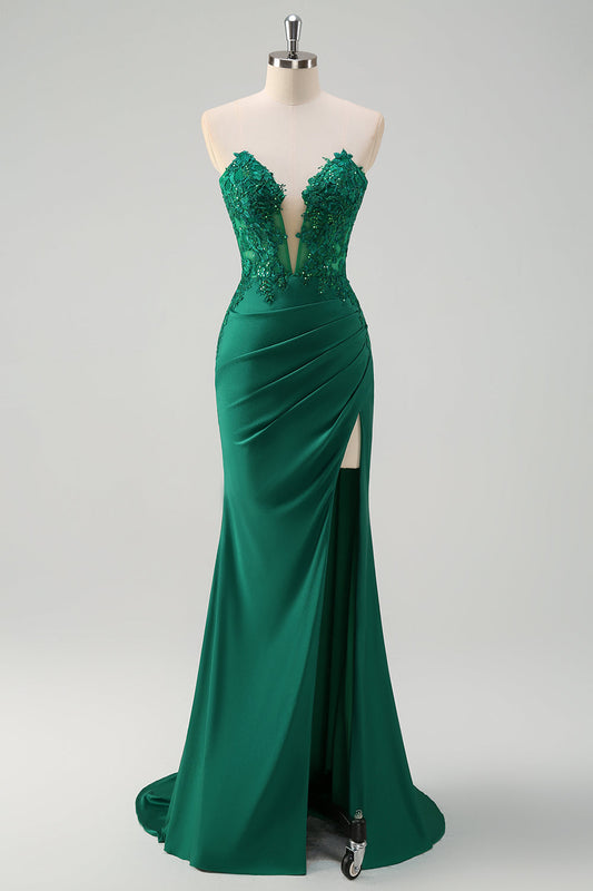 Robe de bal longue bustier sirène vert scintillant avec fente