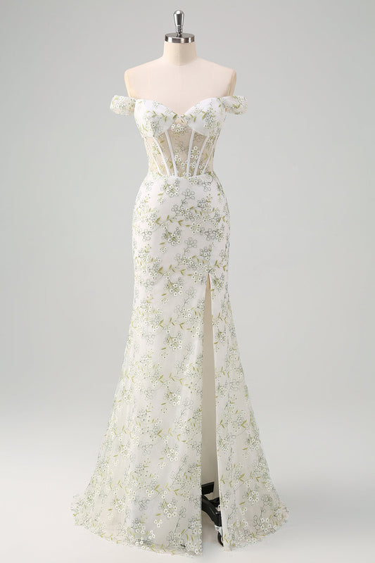 Robe de bal longue sirène vert clair avec corset bustier et broderies