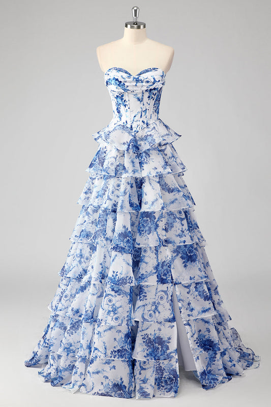 A-Line Blue Floor-Length Graduation Dress with White Flowers, Sweetheart Neckline, Layers, and Slit