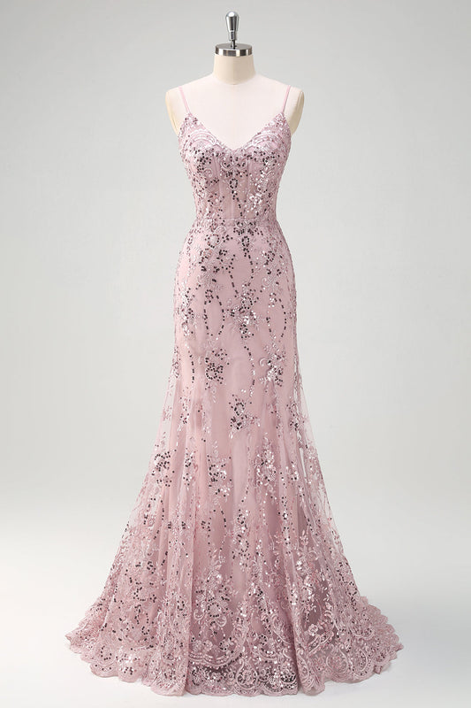 Robe de bal sirène à paillettes grises et roses avec col en V et dos lacé