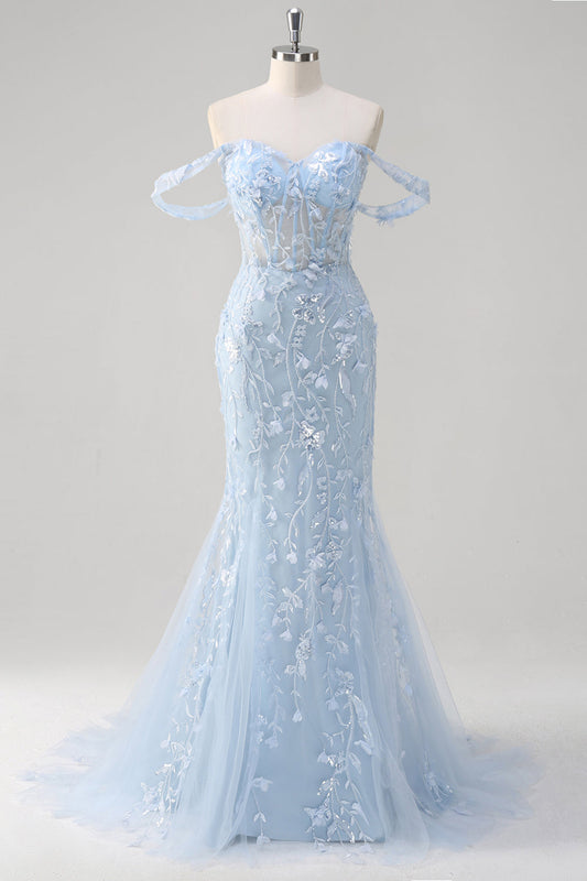 Robe de bal bustier à épaules dénudées à fleurs et sequins, coupe sirène, bleue
