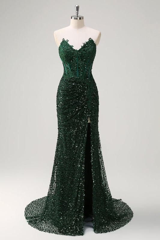Robe de bal fendue sirène étincelante vert foncé à paillettes et corset en dentelle