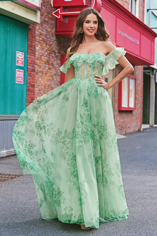 Robe de bal longue verte à corset, à ligne A, épaules dénudées, motif floral