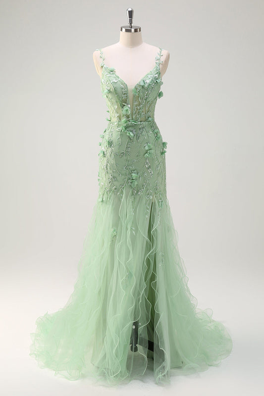 Robe de soirée longue sirène verte à bretelles spaghetti, fleurs 3D et fente