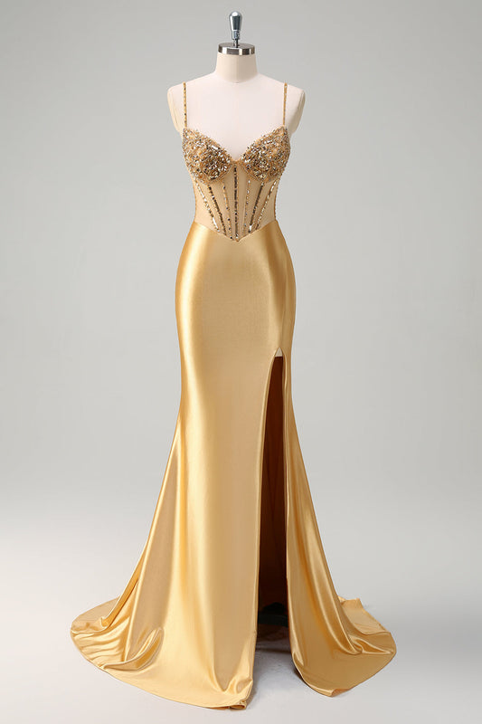 Sparkly Golden Mermaid Spaghetti Strap Corset Long Prom Dress with Slit