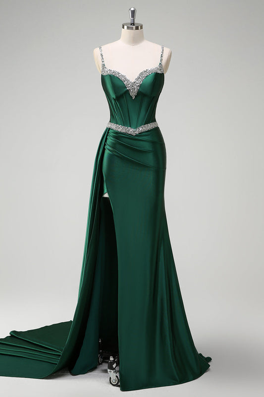 Robe de bal en satin corset sirène vert foncé scintillant avec fente et paillettes latérales