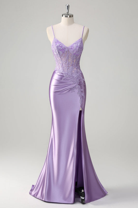 Robe longue de bal de promo lilas style sirène à bretelles spaghetti avec appliqués