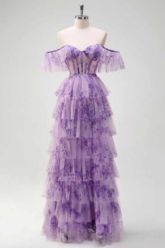 Robe de bal longue lilas coupe trapèze avec corset épaules dénudées, volants fleuris et fente
