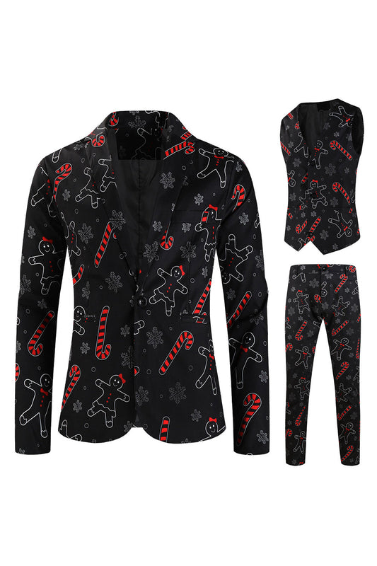 Costume trois pièces de fête formel pour homme, imprimé flocons de neige de Noël noirs
