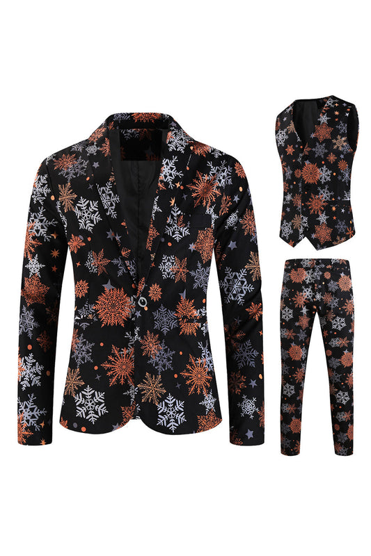Costume de Noël 3 pièces pour homme imprimé flocon de neige noir