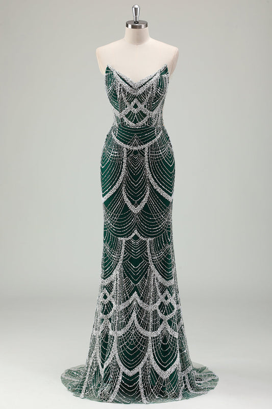 Robe de bal bustier longue sirène vert foncé pailletée avec sequins et perles