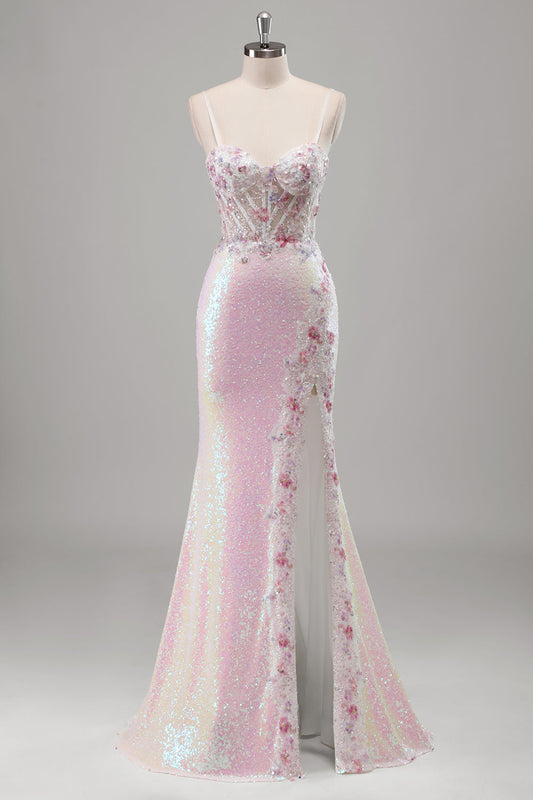 Robe de bal longue sirène rose scintillante avec bretelles spaghetti, corsage fleuri, sequins et fente