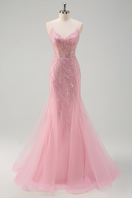 Robe de bal longue corset à bretelles spaghetti en sequins sirène rose étincelant