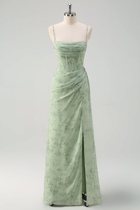 Robe de bal longue sirène corset floral froncé vert sauge poussiéreux avec fente