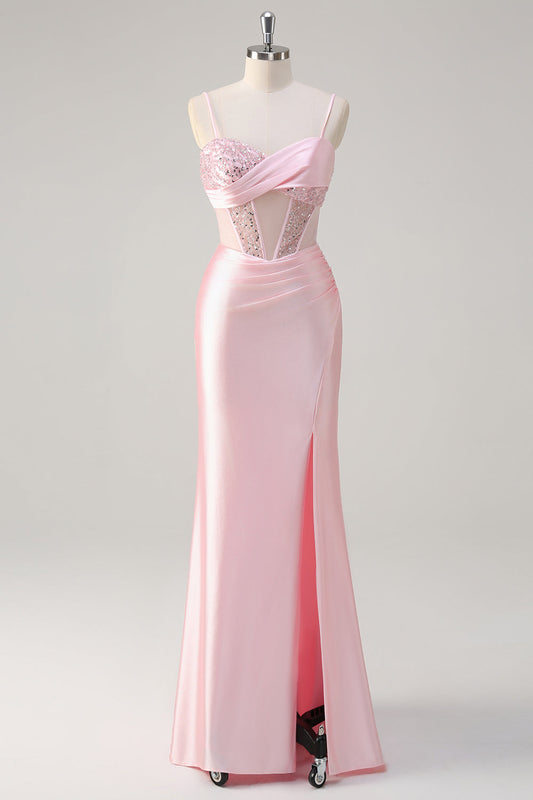 Robe de bal longue sirène rose à paillettes fendue