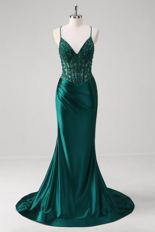 Robe de bal longue corset sirène plissée à sequins vert foncé avec dos lacé